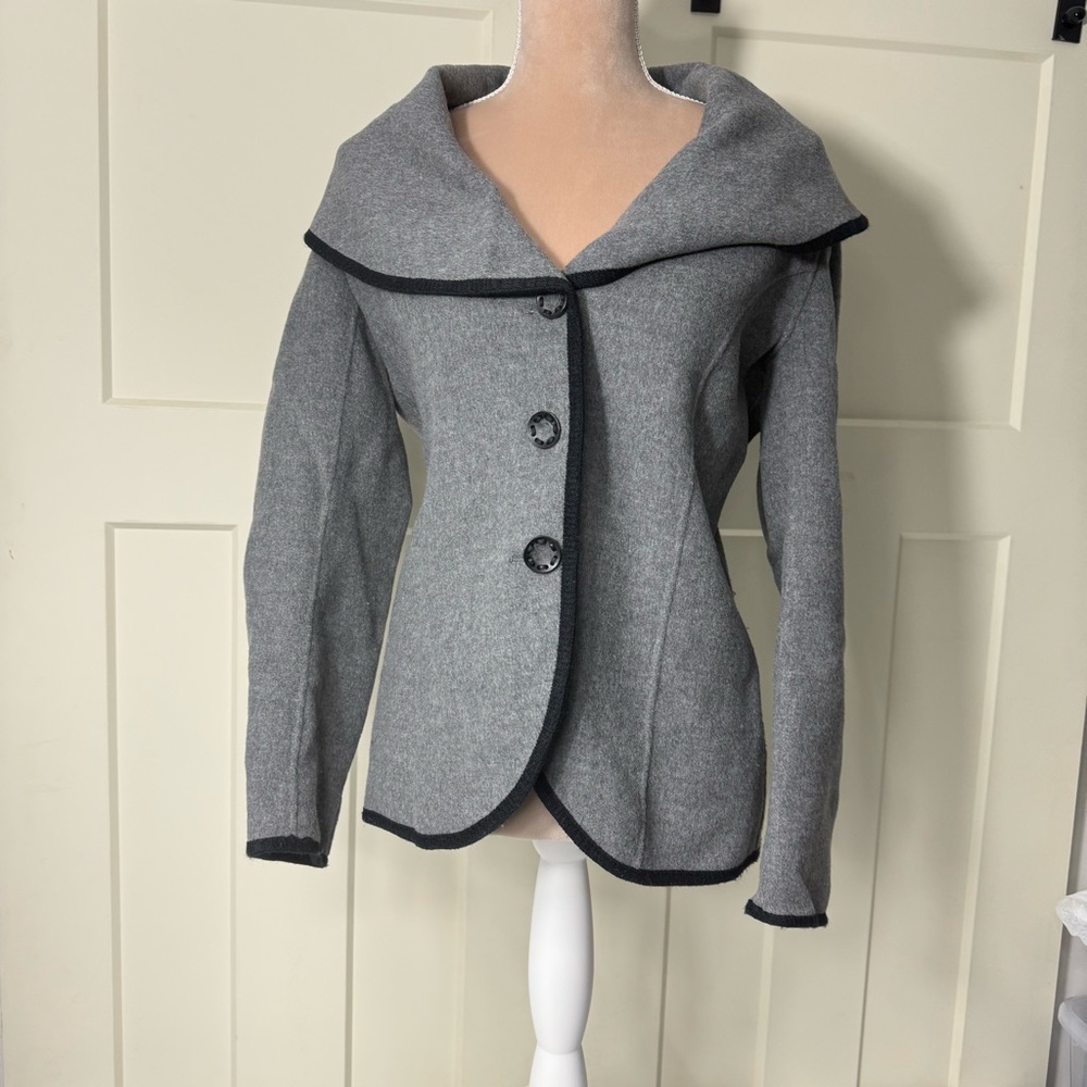 Tweeds Women's S 100% Wool Jacket Blazer Gray Black Piping Classic Career